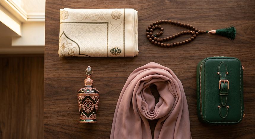 Perlengkapan ibadah dan parfum: sajadah, tasbih, parfum arab, dan hijab